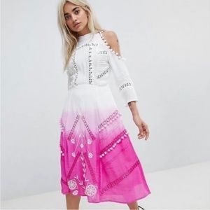 ASOS Ombré midi dress in pink in white with button and embroidery detail